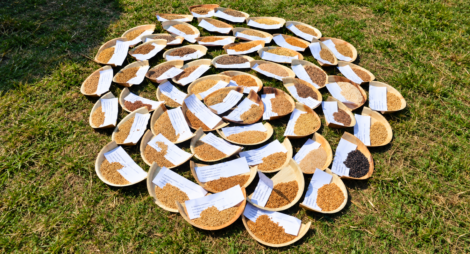 Different varieties of grains and seeds displayed in labelled trays on grass, representing agricultural biodiversity and seed diversity.